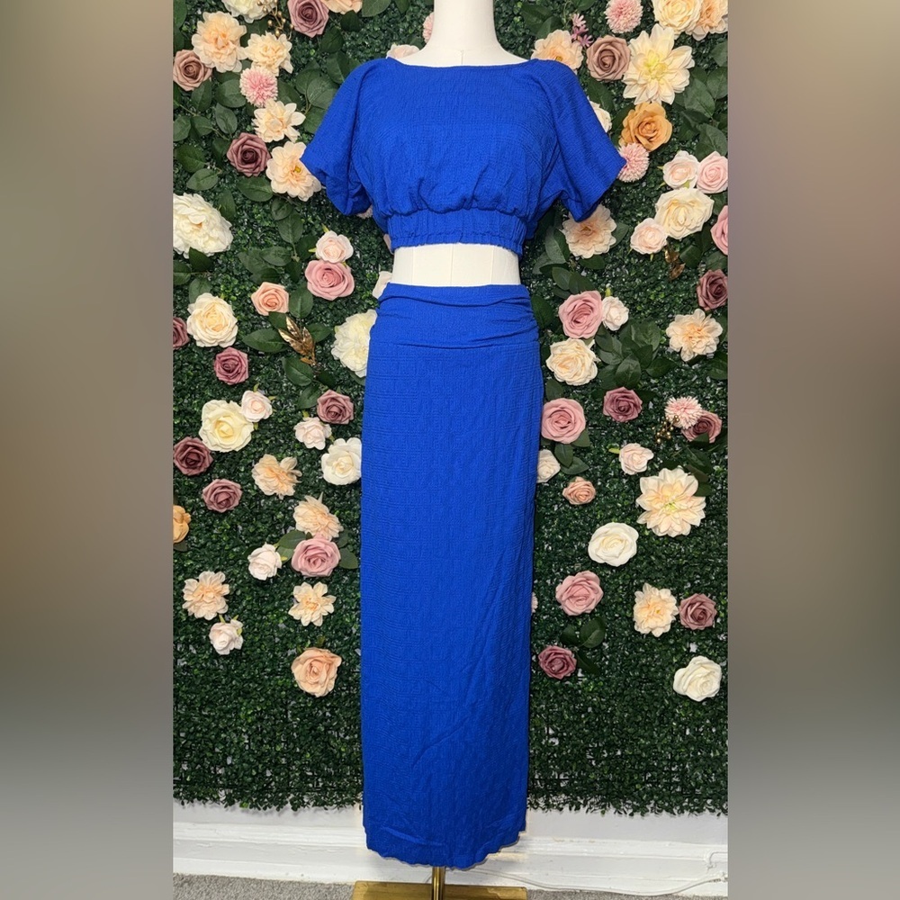 Free People Tovah Cropped Top & Maxi Skirt Set in Mazarine Royal Blue NWOT
